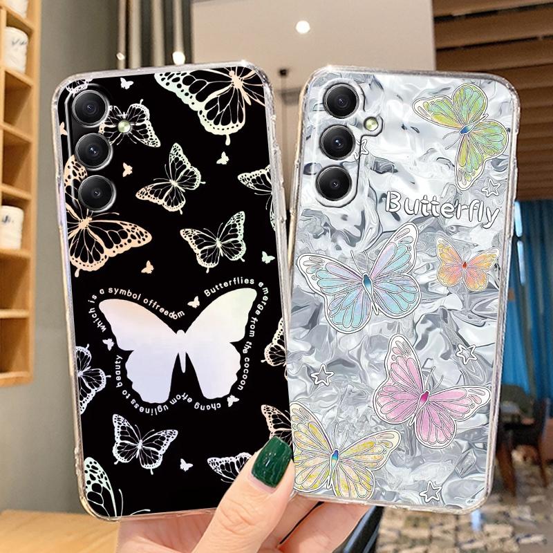 Мягкий прозрачный силиконовый чехол с изображением цветка бабочки для Samsung A55 A35 M35 M34 S24 Xiaomi Redmi Note 13 Pro 13C Poco M6 Camera Противоударный защитный чехол