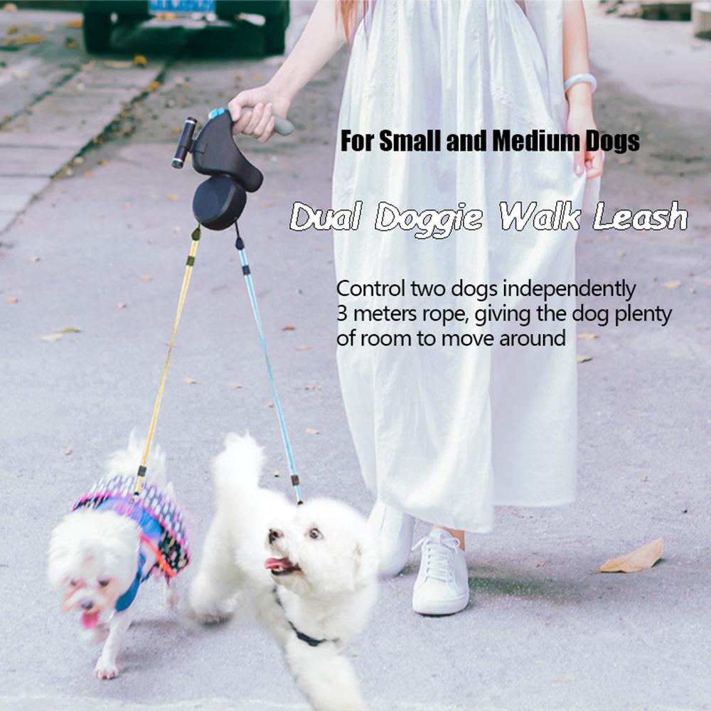 Pet Traction Rope Belt for 2 Dogs Walking Dual Dog Rope Leash Adjustable Retractable Rotation Pet Rope with Light Double