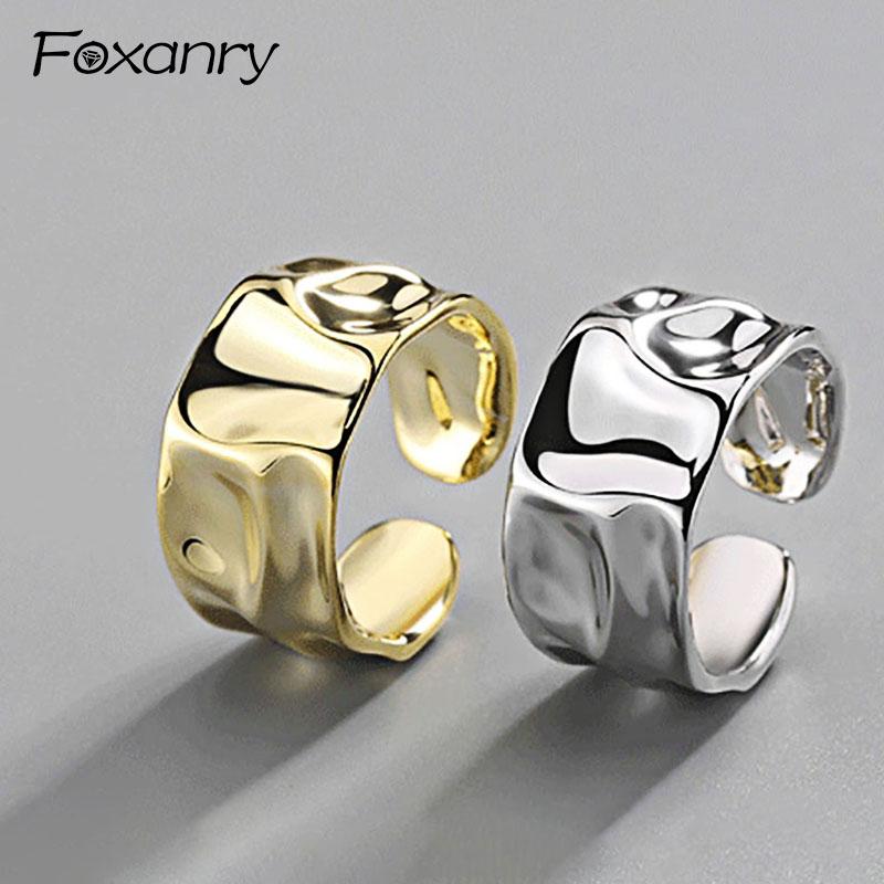 Foxanry Silver Color Irregular Handmade Ring for Women Creative Geometric Wide Anillos Jewelry Gift Size 16.5mm Adjustale