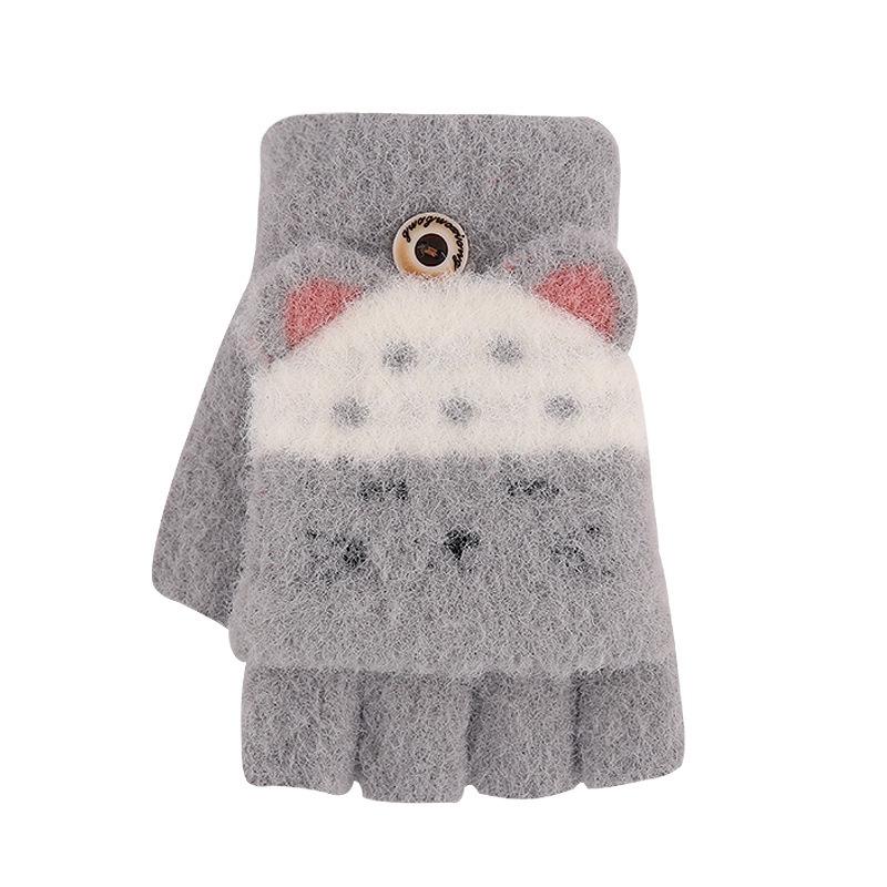 Children's Half-finger Flip Gloves, Primary School Students Write Cute Cartoon Autumn and Winter Piled Thickened Warm Wool Gloves