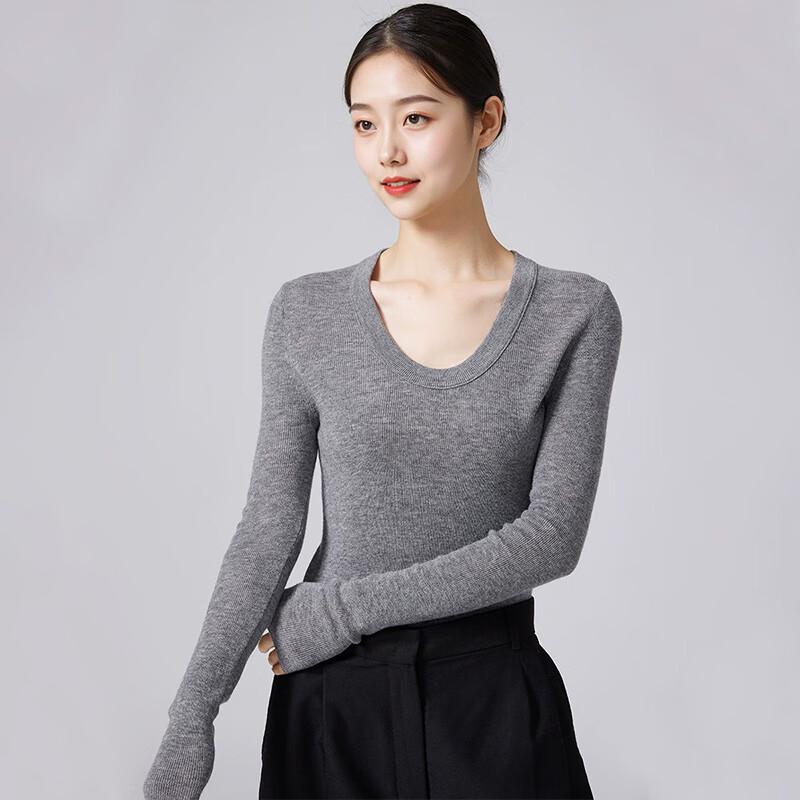 Fengxun Women's 100% Pure Wool Slim Fit Long Sleeve U-Neck Sweater