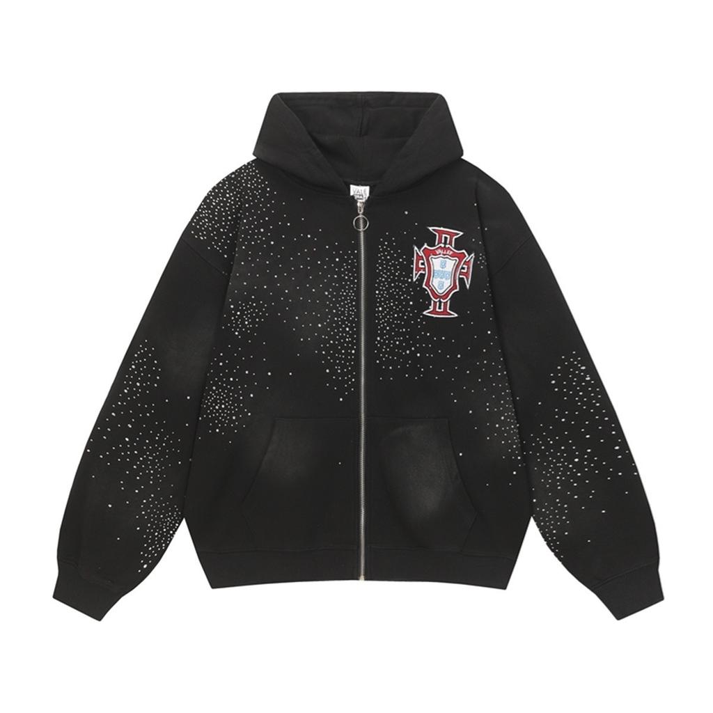 Cross-border American valley dream new letter hot diamond washed old hooded sweater loose zipper jacket