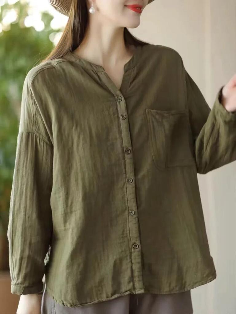 Johnature Женские винтажные двойные хлопковые рубашки с v-образным вырезом и длинными рукавами, однотонные мягкие блузки, весенние свободные рубашки
