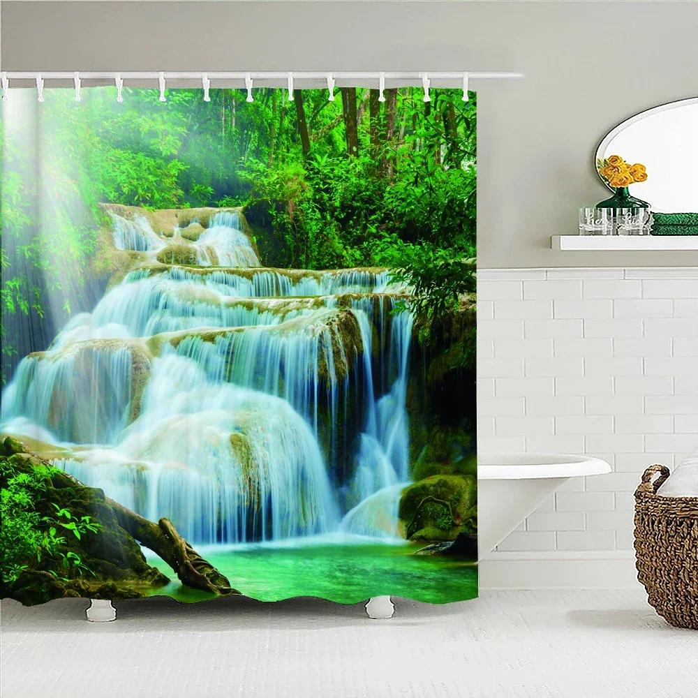 3D Natural Landscape Waterfall Forest Printed Bathroom Shower Curtain Polyester Waterproof Curtain With Hook Home Decor Curtain