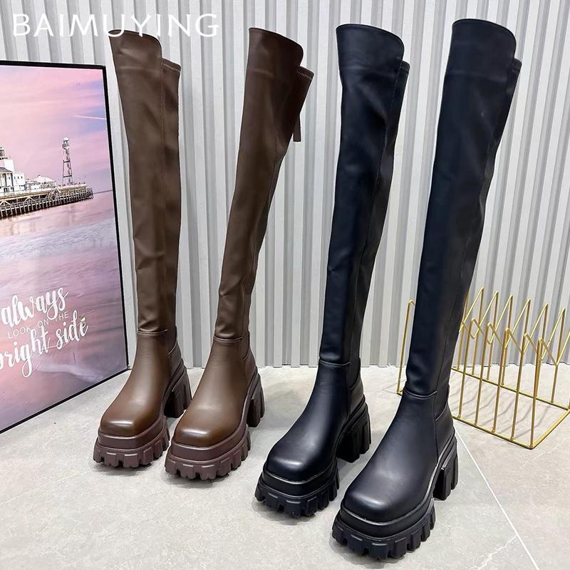 Кожаные толстые женские высокие сапоги на платформе, модные сапоги на высоком каблуке 2025 года, трендовые зимние готические туфли-гладиаторы, туфли-лодочки для мотоциклистов, женские сапоги