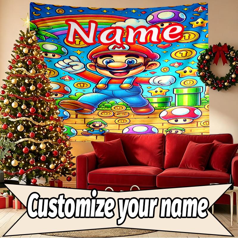 Custom Name Personalized Super Mario Print Tapestry, Wall Art Decor, Bedroom, Dorm, Apartment, LivingRoom, Party Backdrop, Gift for Birthday