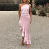 Satin Ruffled One-shoulder High Slit Dress Halter Long Skirt