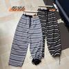 Женские спортивные штаны в корейском стиле с высокой посадкой, на флисовой подкладке, в полоску, больших размеров, с манжетами, зимние, повседневные.