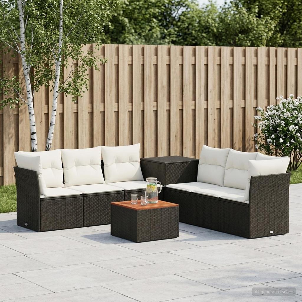 Sofa Set 8 Pieces Black and Cream White Poly Rattan and Steel