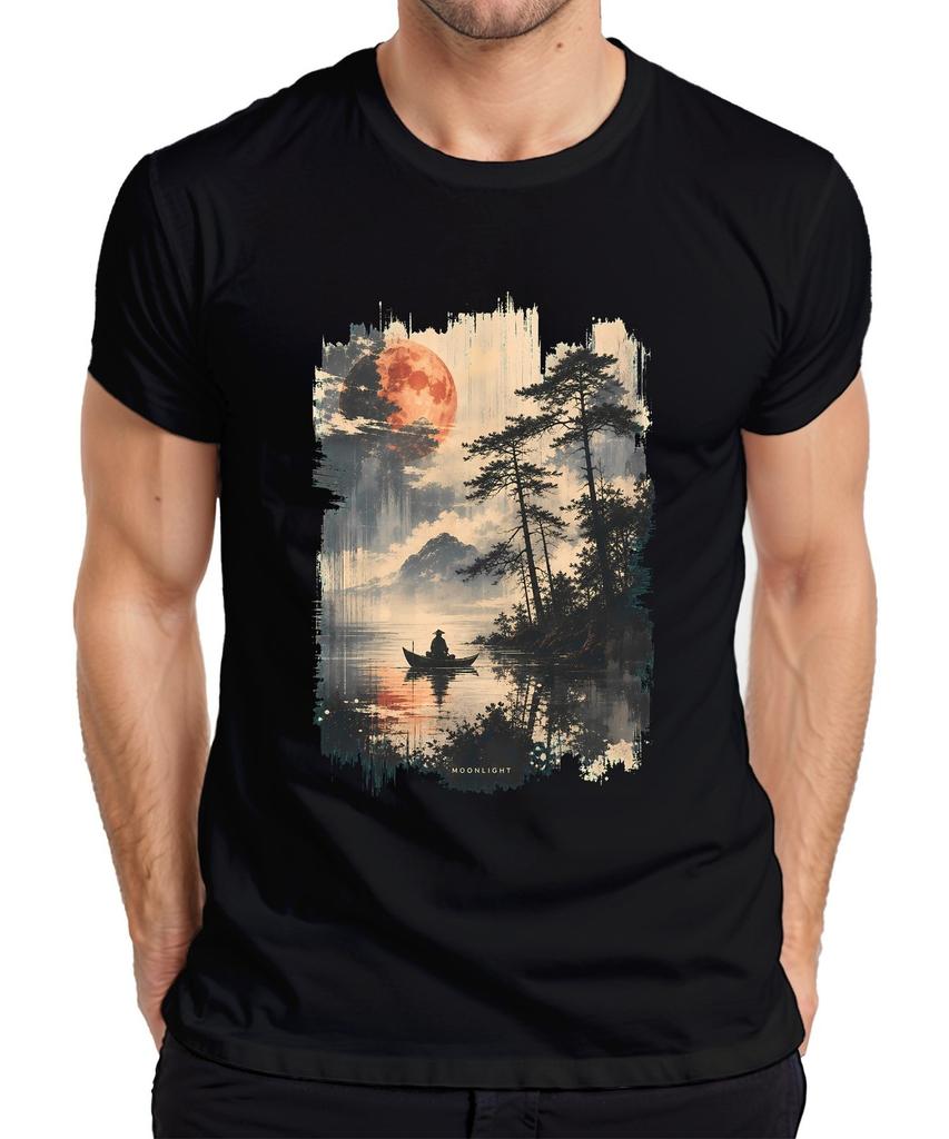Moonlight Japan Fishing Boat Red Moon Lake Pine Retro Asia Mens T-Shirt-