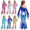 Girls Pageant Performance Costume One Shoulder Long Sleeve Tassels Shiny Sequins Crop Top Split Bell Bottom Pants