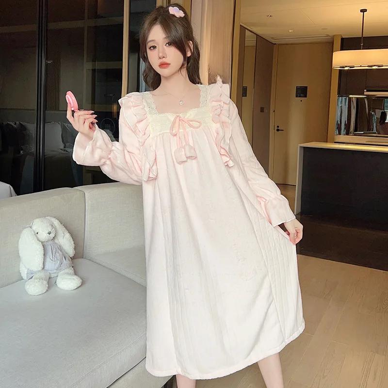 Зимняя милая принцесса в стиле длинного рукава средней длины флисовая ночная рубашка свободного кроя женская пижама студенческая домашняя одежда