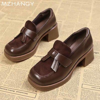Женские туфли-лоферы на высоком каблуке с бантом, дизайнерские массивные модные кожаные туфли для женщин 2024 года, трендовые туфли-лодочки, зимнее платье Mujer Zapatillas