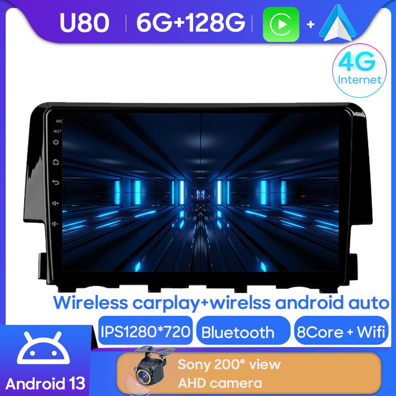 Android 14 Для Honda Civic 10 FC FK 2015 - 2020 Автомагнитола Мультимедийный Видеоплеер Беспроводной Адаптер Android Auto