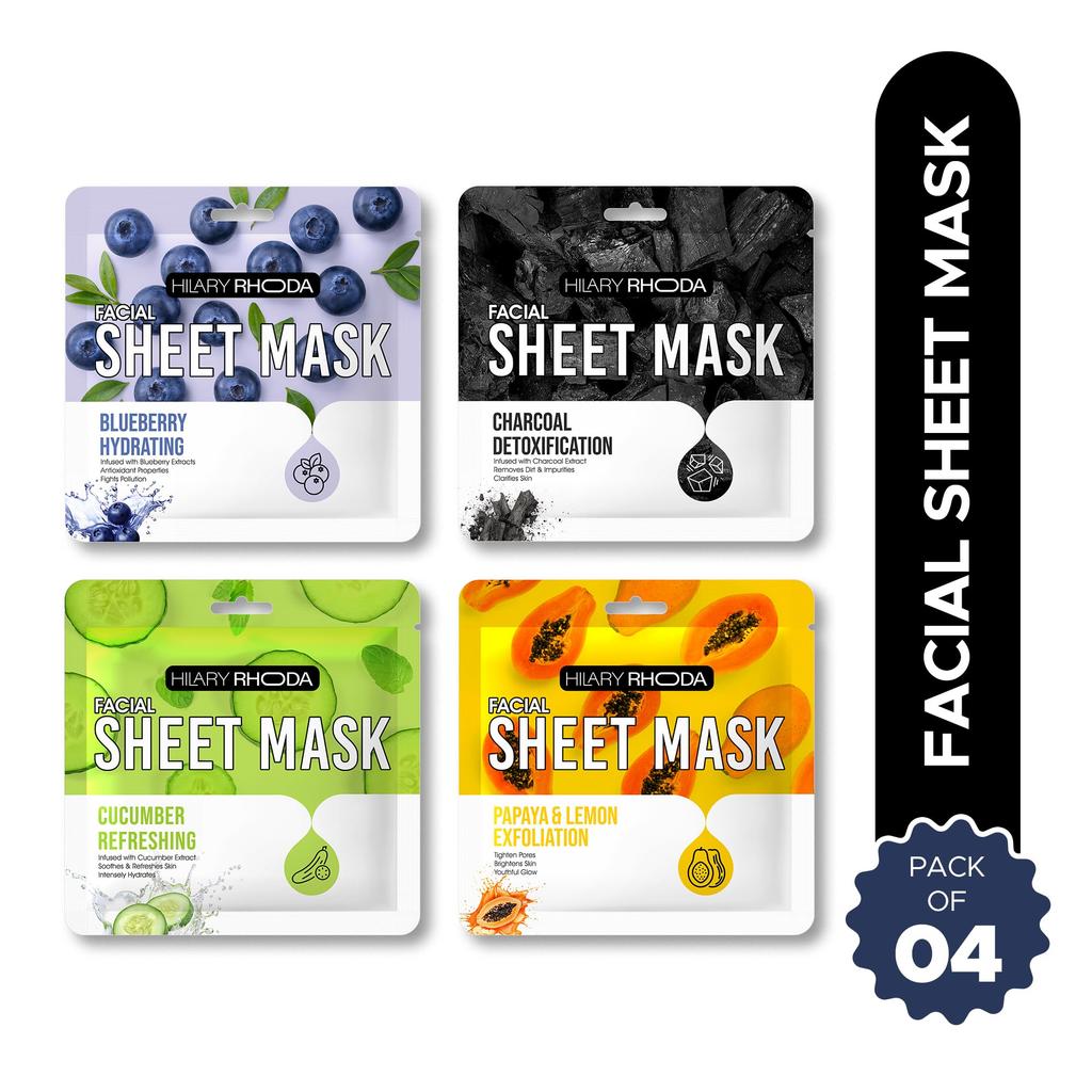 Hilary Rhoda Facial Sheet Mask | Hydrate, Detox, Brighten & Exfoliate | 4 Unique Masks for All Skin Needs | Suitable For All Skin Types | 20 Gm X 4