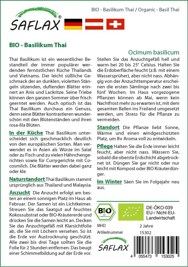 SAFLAX Garden in the Bag - Органический - Базилик тайский - 250 семян - С субстратом в подходящем стоячем пакете - Ocimum basilicum