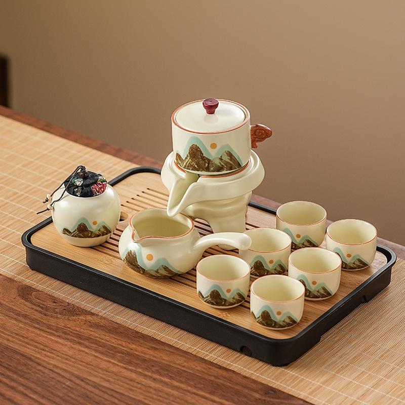 Semi-automatic Kung Fu Lazy Tea Set Huang Ru Qingshan Set Household High-end Stone Grinding Teapot Enterprise Souvenir