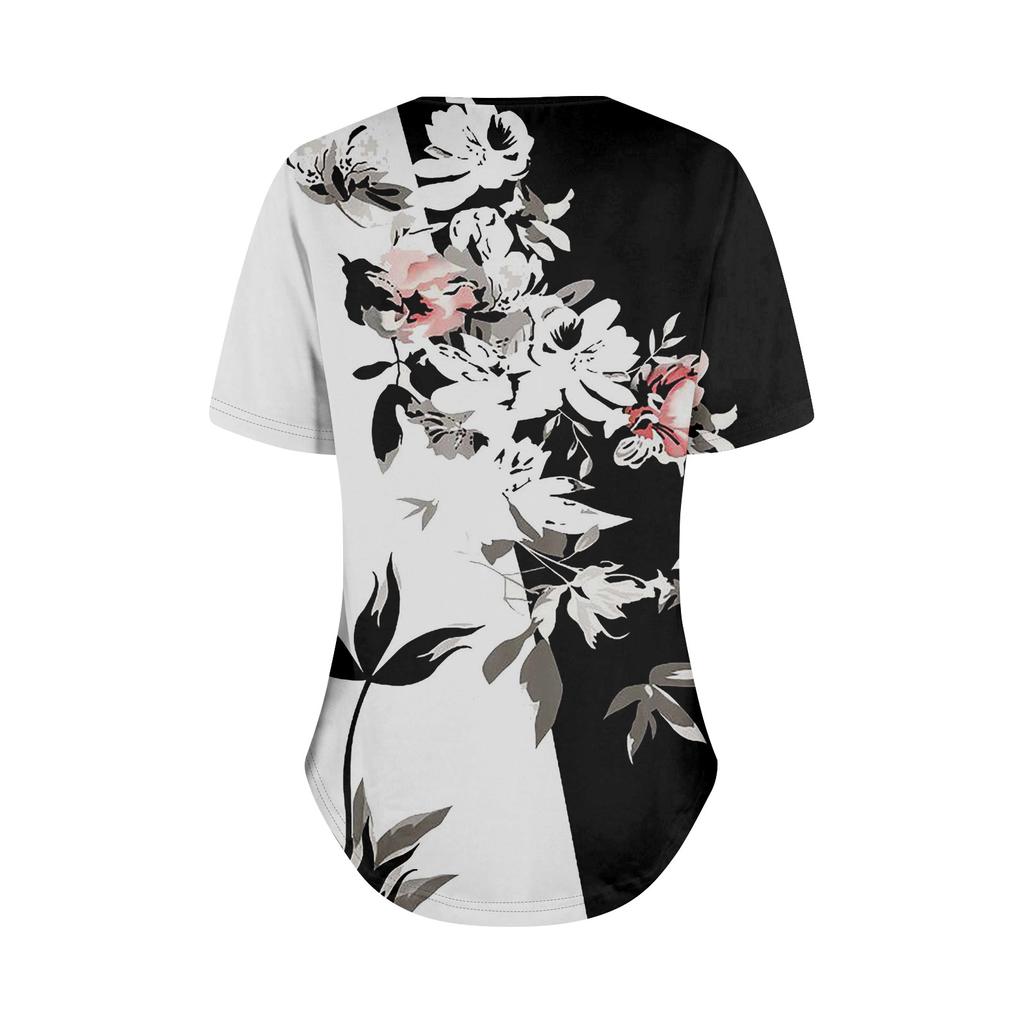 Ladies' Fashionable Printed Round Neck Pleated Short Sleeved Shirt