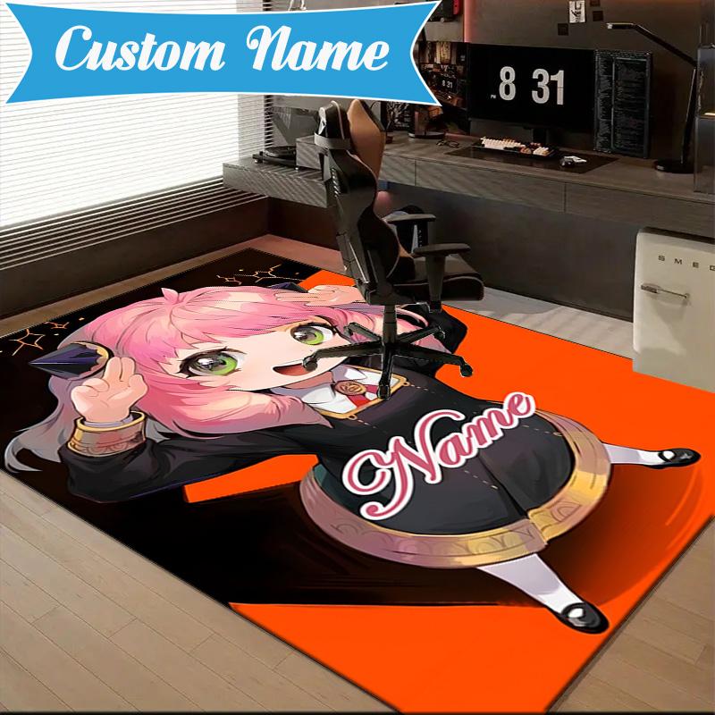 Custom Name Pink Hair Anime Anya Rug for Living Room, Game Rooms, Office, Bedroom, Floor Mat Playful Design, fan gifts Christmas decor