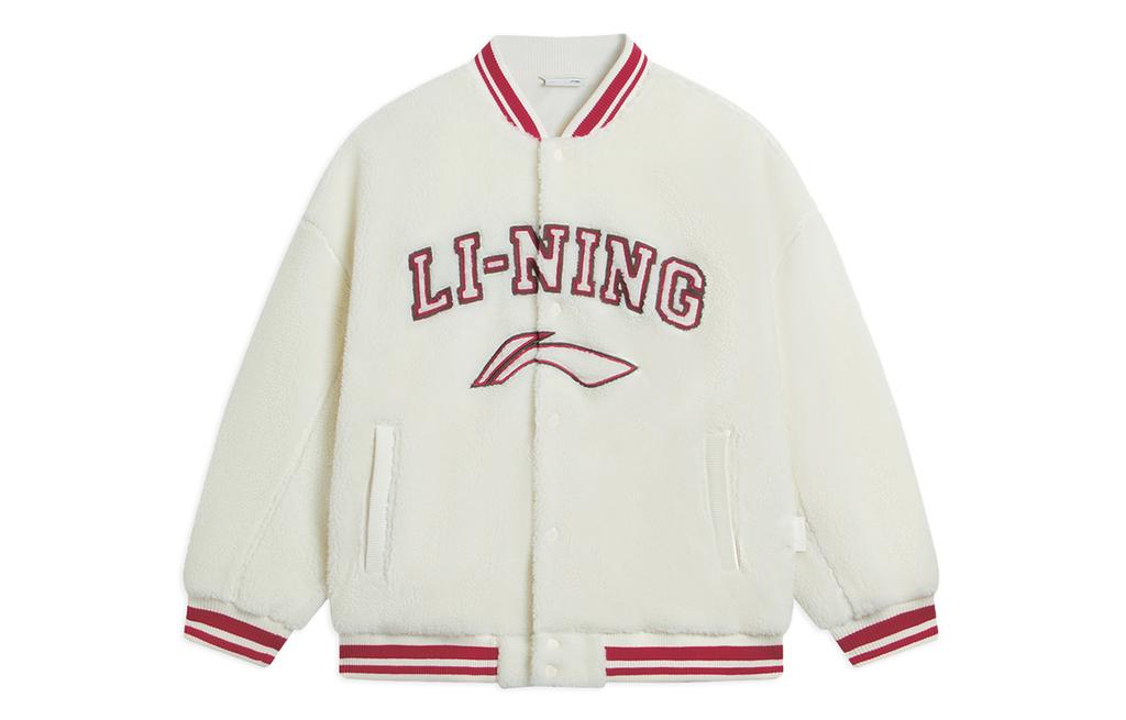 Li Ning Color Block Trim Stripes Letter Logo Sherpa Fleece Lined Jacket Unisex Ivory AFDSD31-1