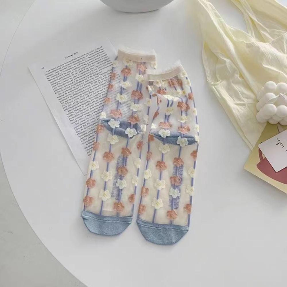 Sweet Floral Print Mid-calf Socks Ultra-Thin Crystal Silk Socks Casual Wear