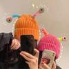 Yousheng Cute Knitted Beanie Hat with Eyes Wear Resistant Solid Color LED Glowing Funny Cartoon Winter Warm Hat