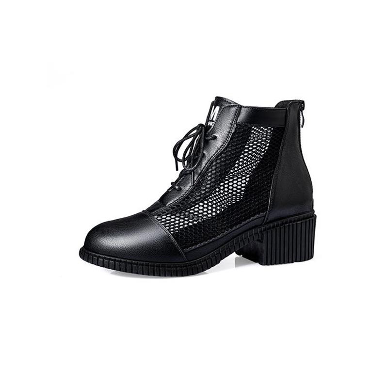 Черные сетчатые ботинки, женские ботинки на квадратном каблуке, кружевная молния сзади, искусственная кожа, мягкая кожа, новая мода, весна-осень