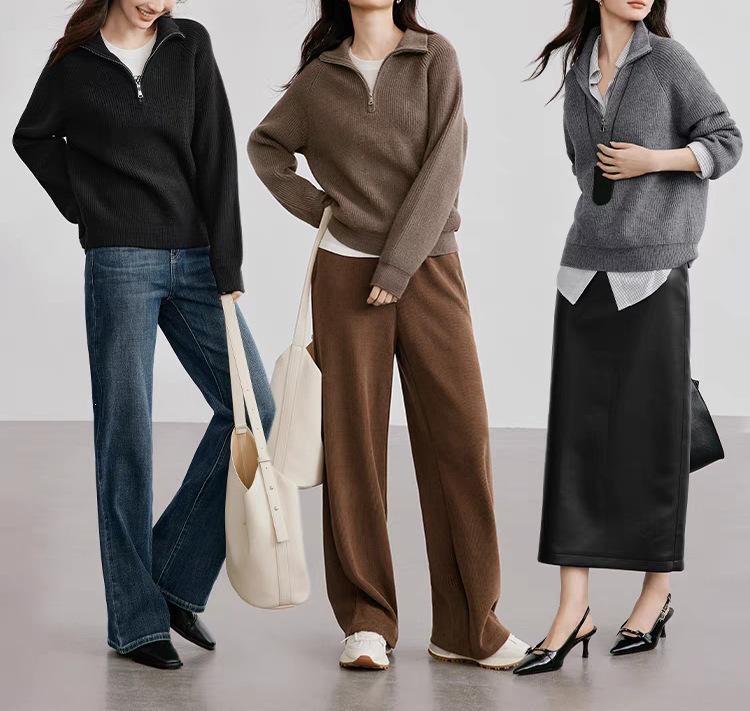2026 Autumn/Winter Women's Casual Loose Half-Zip Textured Knit Top