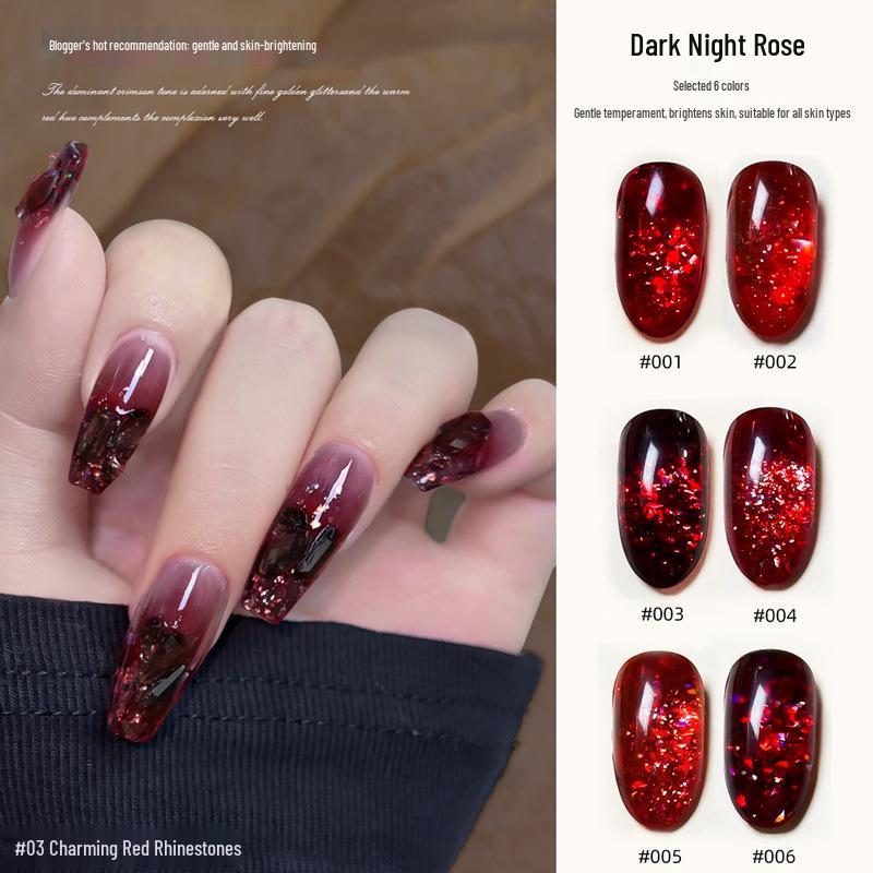Супер Вспышка Темная Ночь Розово-Красный Алмазный Гель: Универсальный дизайн ногтей с красными блестками для осени/зимы