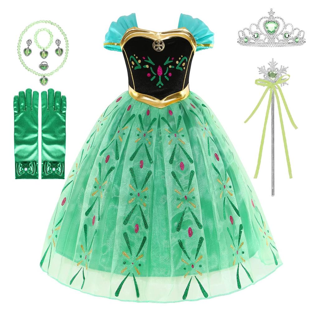 Princess Costume for Girls Green Dress Up with Accessories for Toddler Cosplay Christmas Birthday Party