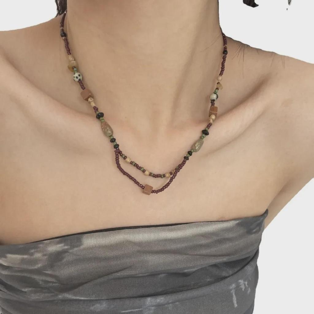 Дизайн ретро-коричневой ниши: Нестандартное двухслойное ожерелье из бисера с натуральными камнями