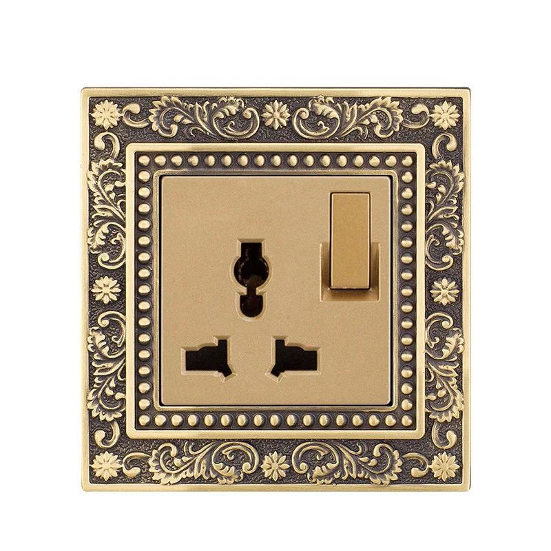 Luxury European Retro Metal Button Switch panel,EU France Standard Copper Wall socket,Universal Light Home Switch Power Outlet