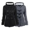 Пальто осень-зима с боковыми карманами, однотонное, с капюшоном, застежка на роговые пуговицы, длинное