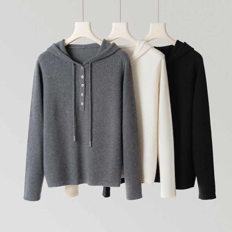 Fall & Winter Women's 100% Cashmere Half-Zip Hoodie - Loose Fit, Versatile Knit Outerwear.