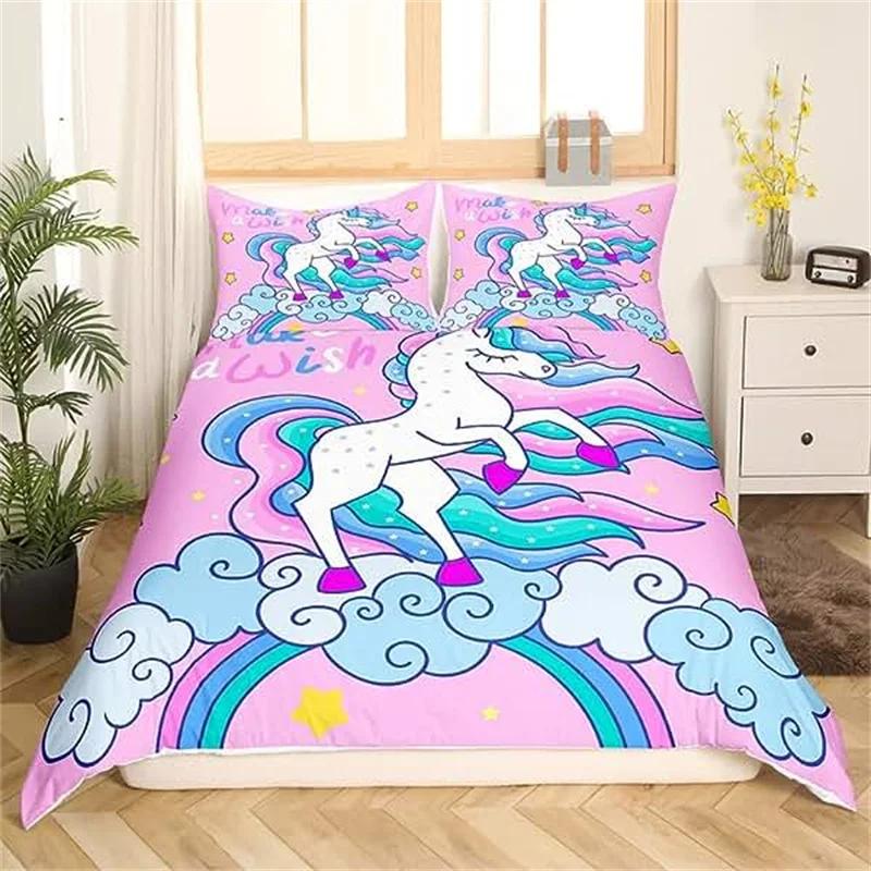 Children Cute Unicorn Duvet Cover Cartoon Bedding Set Rainbow Stripes Animals Children Kids Girls Gifts for Bedroom Decorations