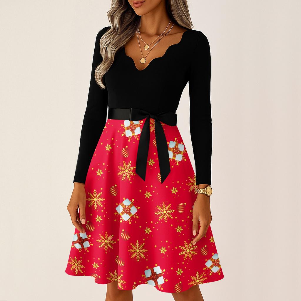 Женские повседневные модные длинные платья с рождественским графическим принтом и длинными рукавами в винтажном стиле