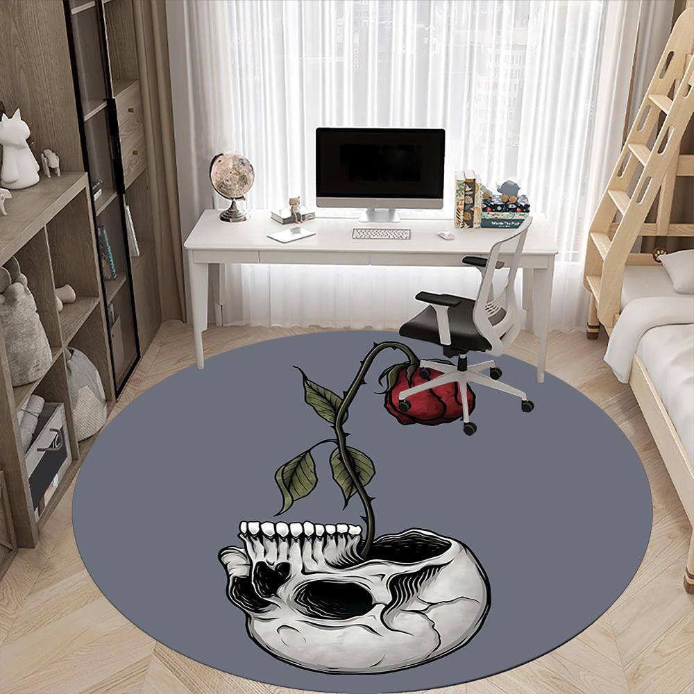 1pc Skull Bloom Office Round Area Rug, Under Office Chairs Bedroom Living Room Home Decor, Room Deco