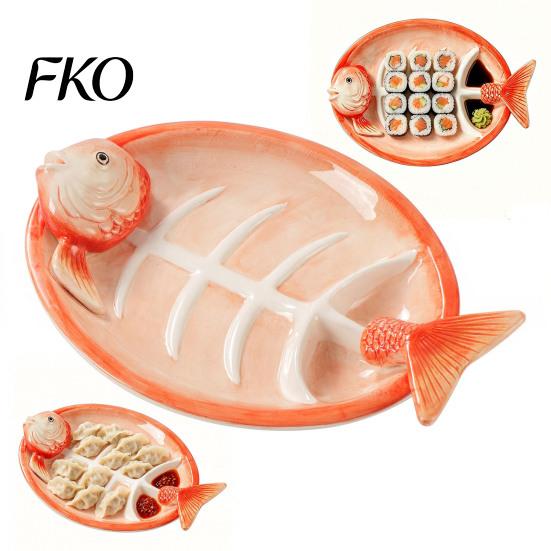 Three-dimensional Fish Plate Shaped Ceramic Dumpling Plate, Sushi Serving Tray with Red Gradient Platter Dip Sauce Grooves, Multifunctional Appetizer