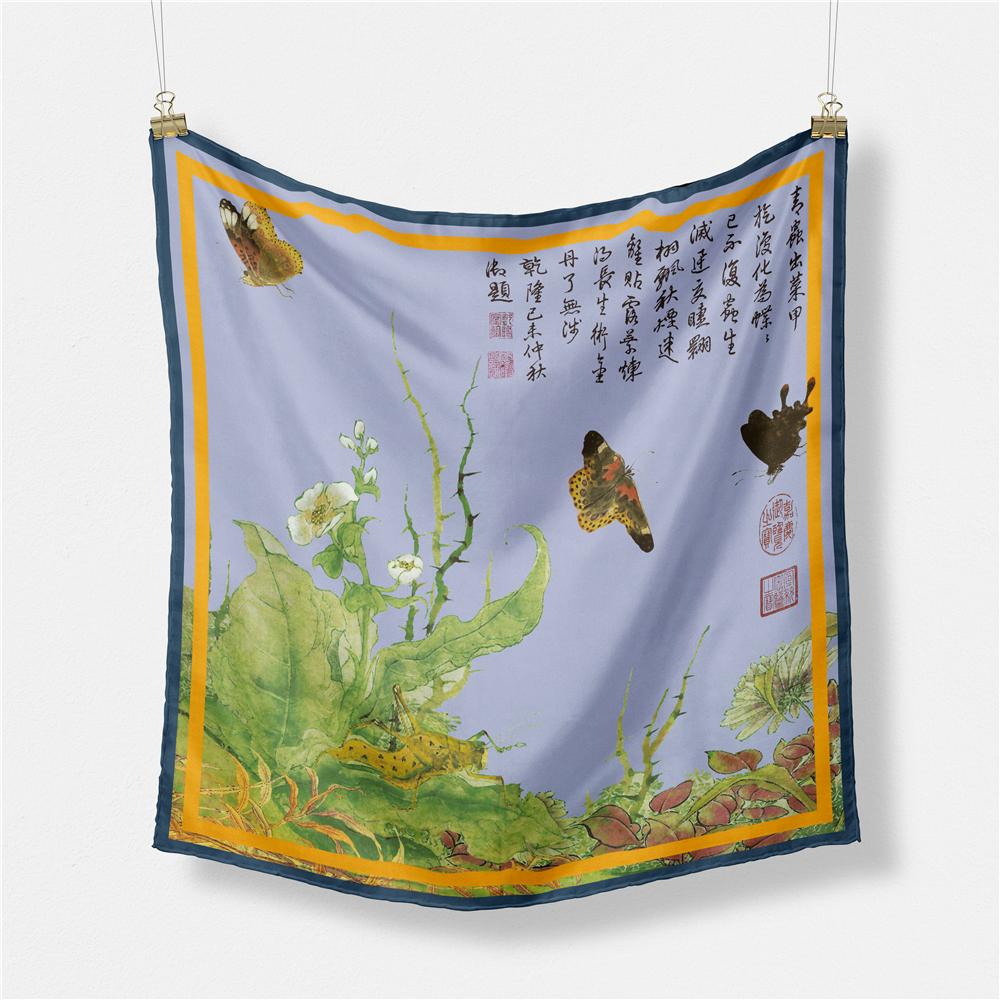 Twill Silk Scarf Woman Chinese Painting Square Scarves Wraps Bandana Small Hijab Silk Foulards Tie Headband Neckerchief 53CM