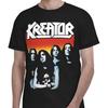 Мужская футболка с рисунком группы KREATOR в стиле хэви-метал. Крупный текст KREATOR и портреты участников. Черная футболка с круглым вырезом. Повседневная рубашка