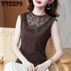 Летняя женская корейская кружевная водолазка без рукавов с вырезом-стойкой, тонкая футболка-жилет