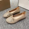 Мода 2025новый Весна ПУ Кожа Однотонные Полые Дышащие Туфли для мамы Удобные Круглый носок Модная Декорация бантом Женская обувь