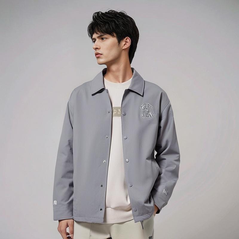 New Era FW24 Серия сине-белого фарфора MLB Нью-Йорк Янкиз Свободная куртка с вышитым логотипом на пуговицах с длинным рукавом Унисекс Куртка Светло-серый 14385264
