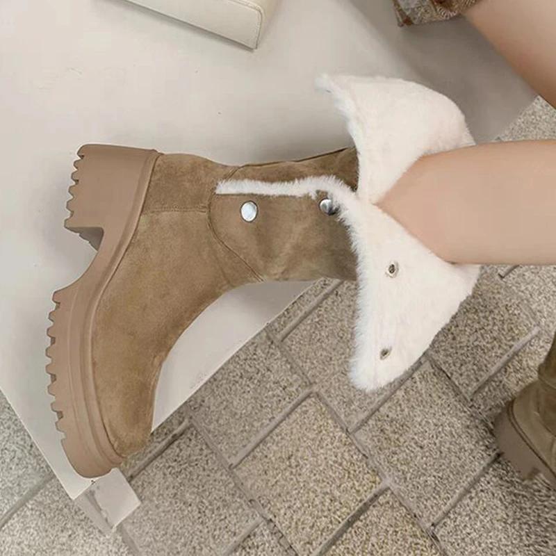 Меховые женские туфли на платформе с высоким каблуком, высокие сапоги до середины икры, трендовый бренд 2025 года, теплые короткие плюшевые зимние сапоги, женские туфли-лодочки Mujer Botas