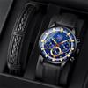 2PCS Set Fashion Men's Business Leather Calendar Watch Men's Fake Three Eyes Luminous Quartz Watch & Bracelet, Men's Gifts