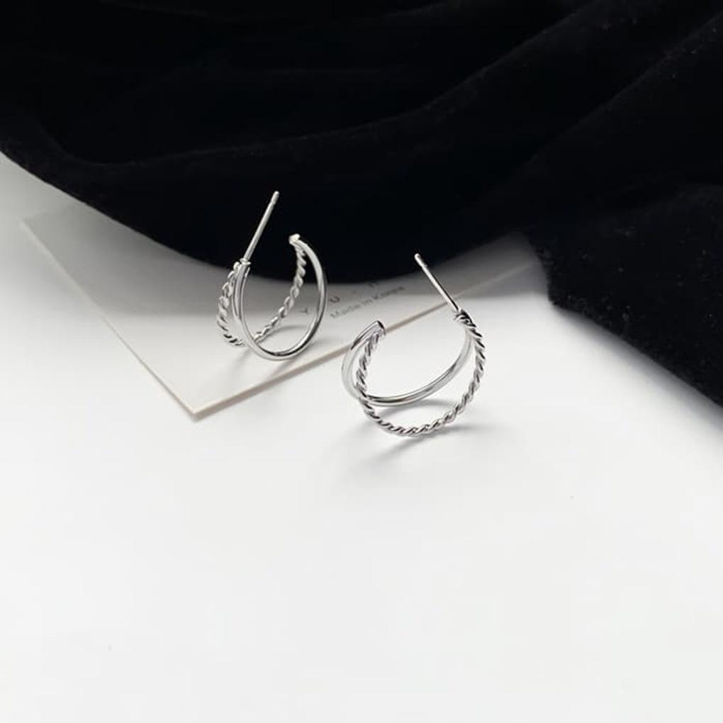 Серебряные серьги-кольца, серьги-цепочки, витой узор, два ряда