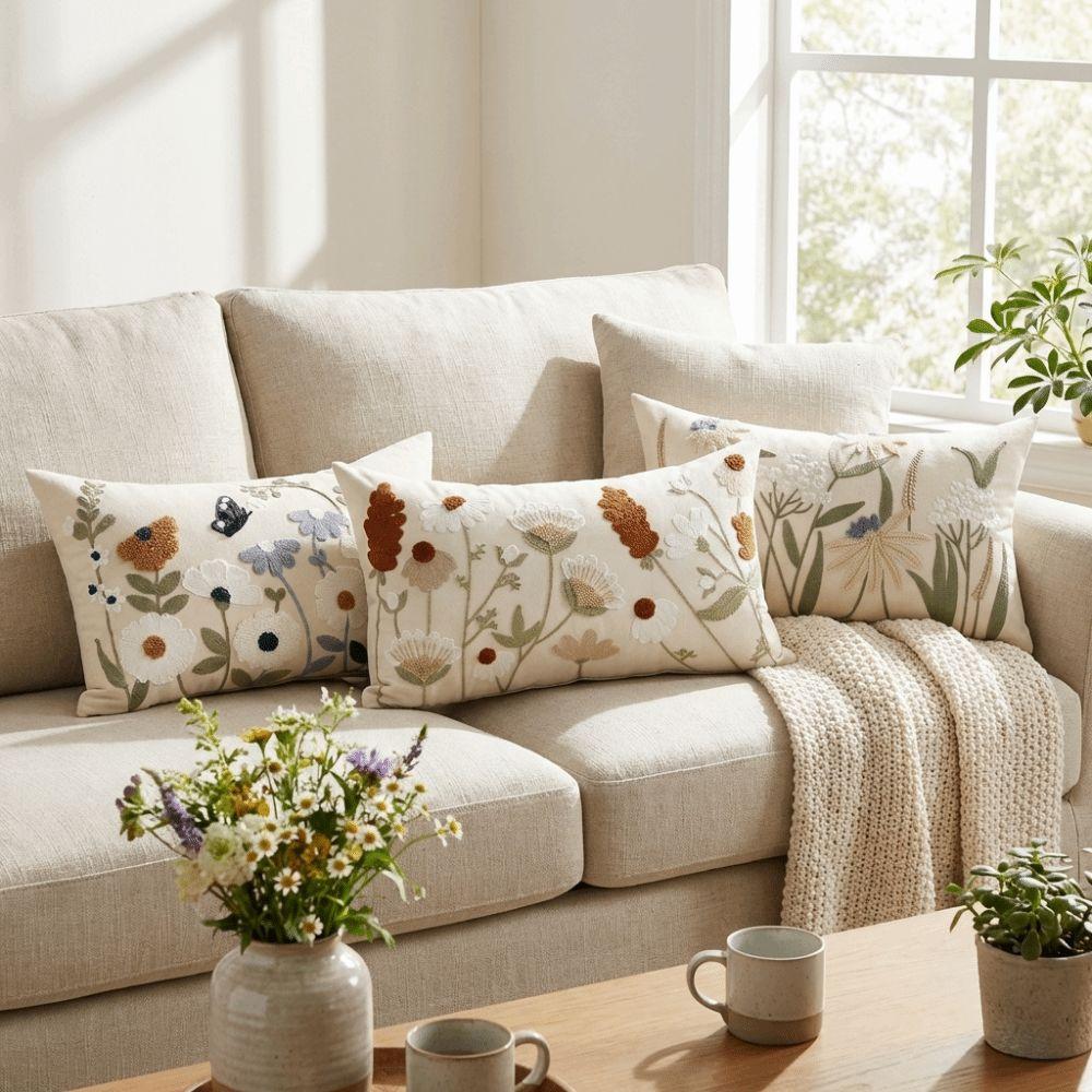 Pastoral Floral Embroidered Cushion Cover Canvas Decorative Pillow Case Living Room