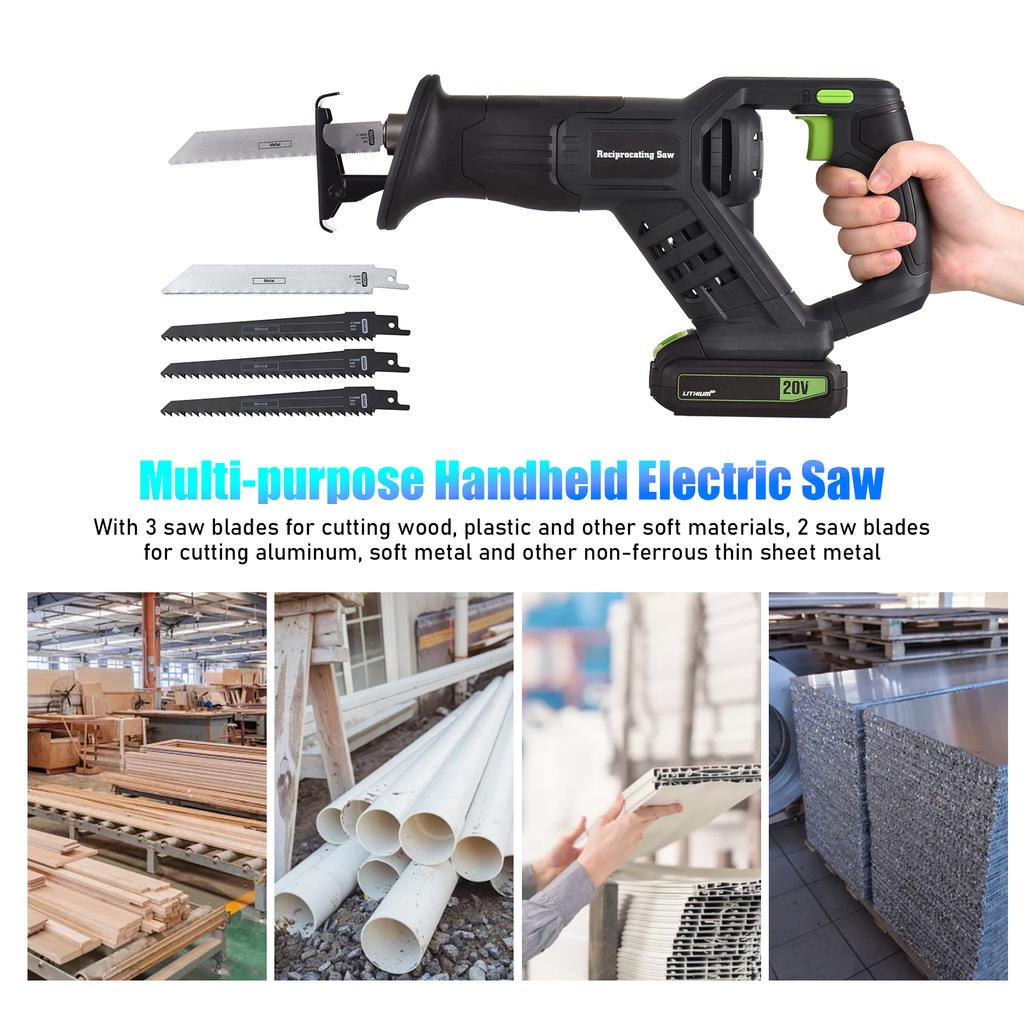 Аккумуляторная сабельная пила 20 В, ручная электрическая пила с переменной скоростью, 3000 об/мин, быстрая батарея 2,0 Ач