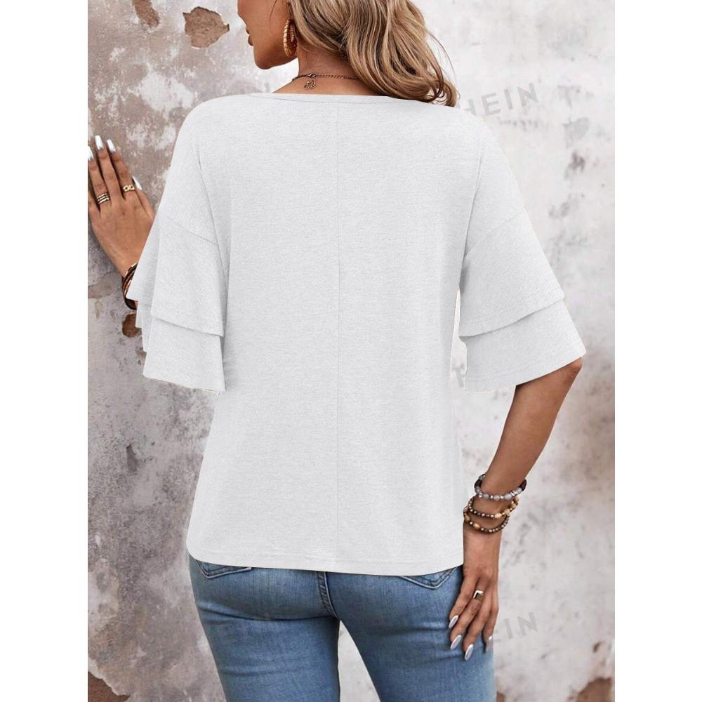 Women's Summer Tops New Solid Colour V-neck Short-sleeved Women's Double-layer Sleeve Loose T-shirt Short-sleeved