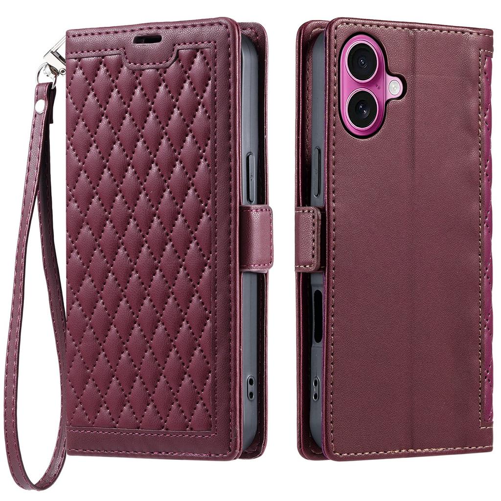 For iPhone 16 Leather Case Rhombus Texture Wallet Stand Phone Cover with Wrist Strap